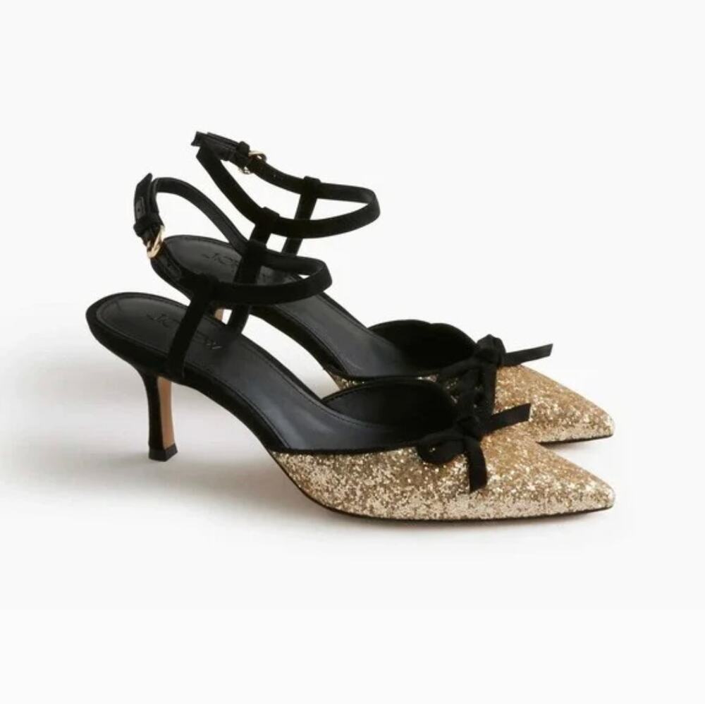 J Crew Gold Glitter Double Bow Heels 7.5 Black NWT Heels CD260 J.Crew Glam